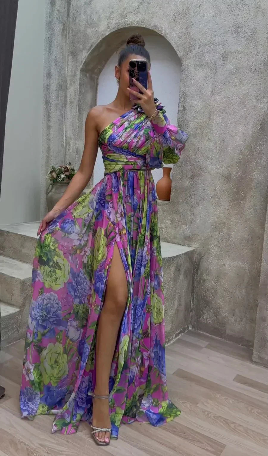 Women's One-Shoulder Floral Maxi Dress with Puff Sleeve & Slit | Vera