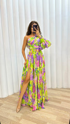 Women's One-Shoulder Floral Maxi Dress with Puff Sleeve & Slit | Vera