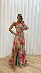 Women's One-Shoulder Floral Maxi Dress with Puff Sleeve & Slit | Vera