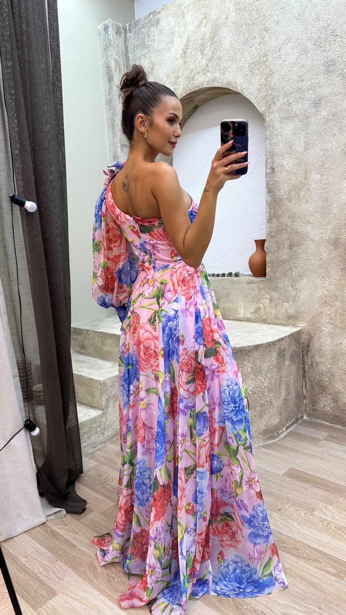 Women's One-Shoulder Floral Maxi Dress with Puff Sleeve & Slit | Vera
