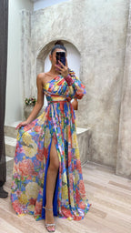 Women's One-Shoulder Floral Maxi Dress with Puff Sleeve & Slit | Vera