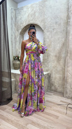 Women's One-Shoulder Floral Maxi Dress with Puff Sleeve & Slit | Vera