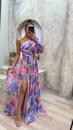 Women's One-Shoulder Floral Maxi Dress with Puff Sleeve & Slit | Vera