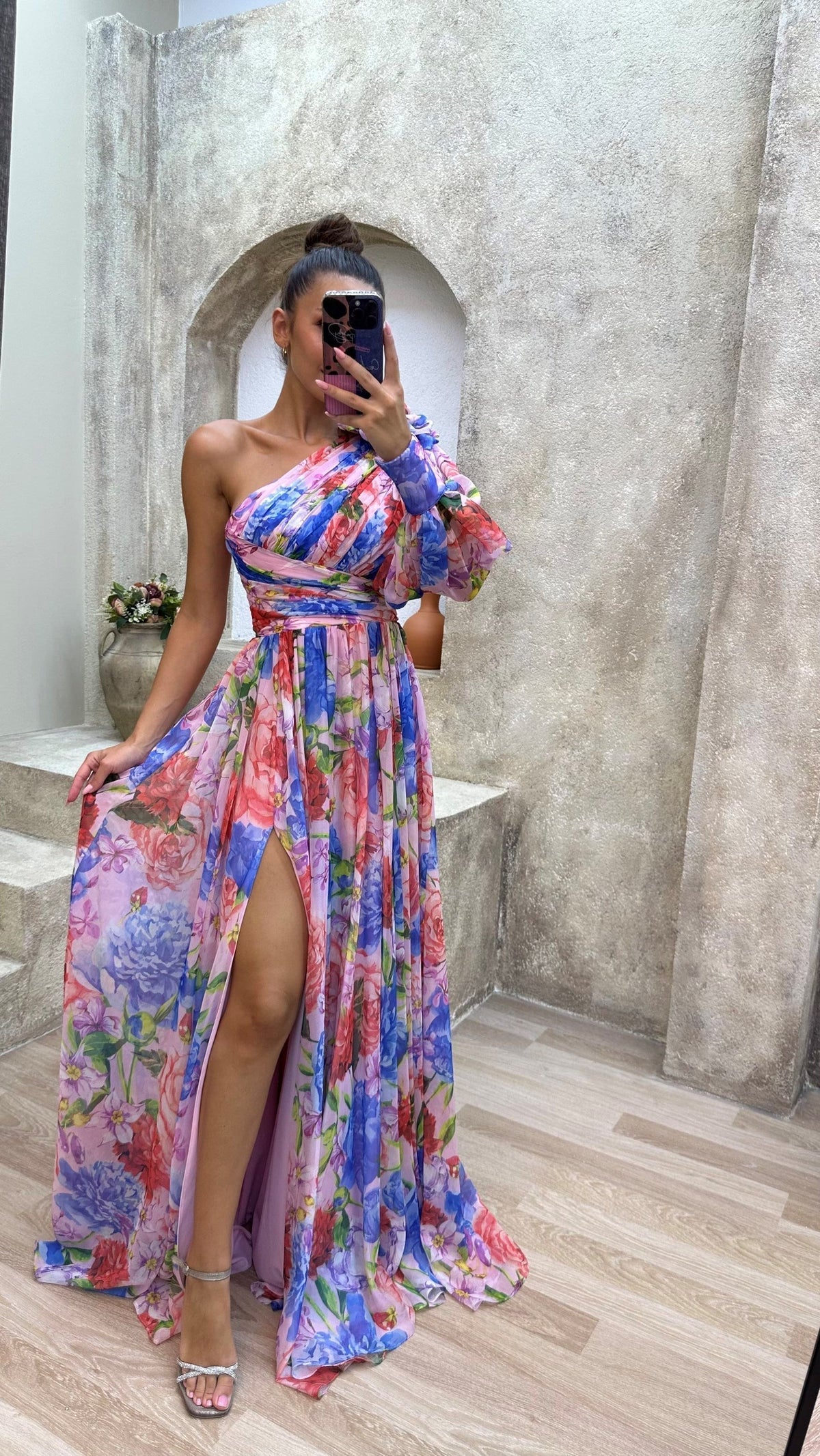 Women's One-Shoulder Floral Maxi Dress with Puff Sleeve & Slit | Vera