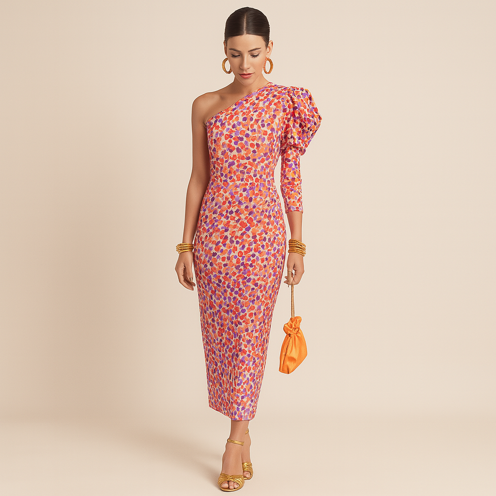Women's One-Shoulder Puff Sleeve Midi Dress with Pleated Hem | Annabelle
