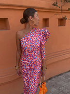 Women's One-Shoulder Puff Sleeve Midi Dress with Pleated Hem | Annabelle
