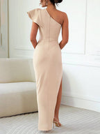 Women's One-Shoulder Ruffle Slit Evening Dress | Alice