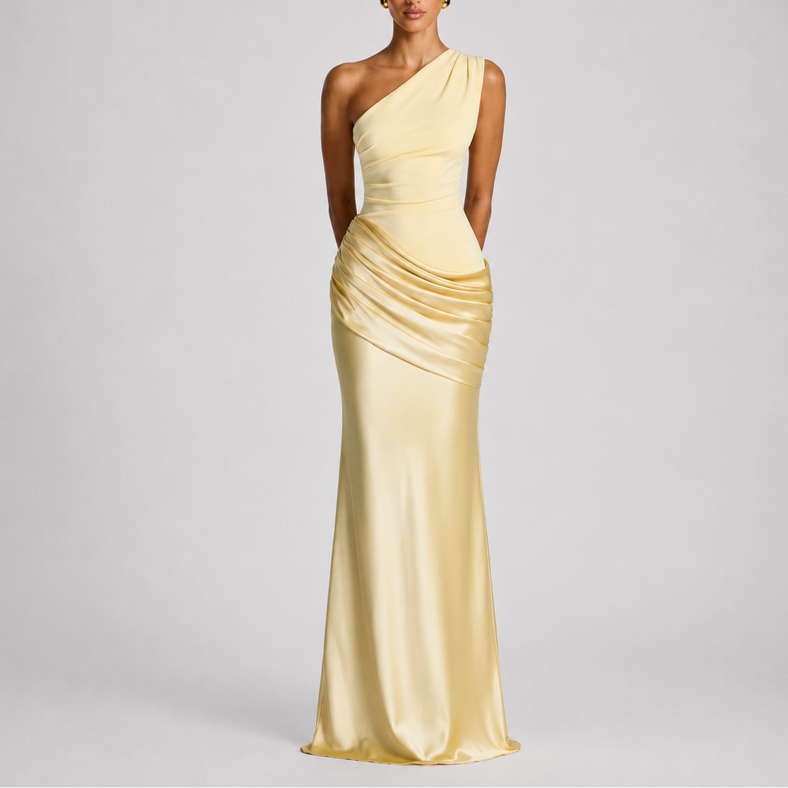 Women's One Shoulder Satin Maxi Dress with Draped Waist | Audrey