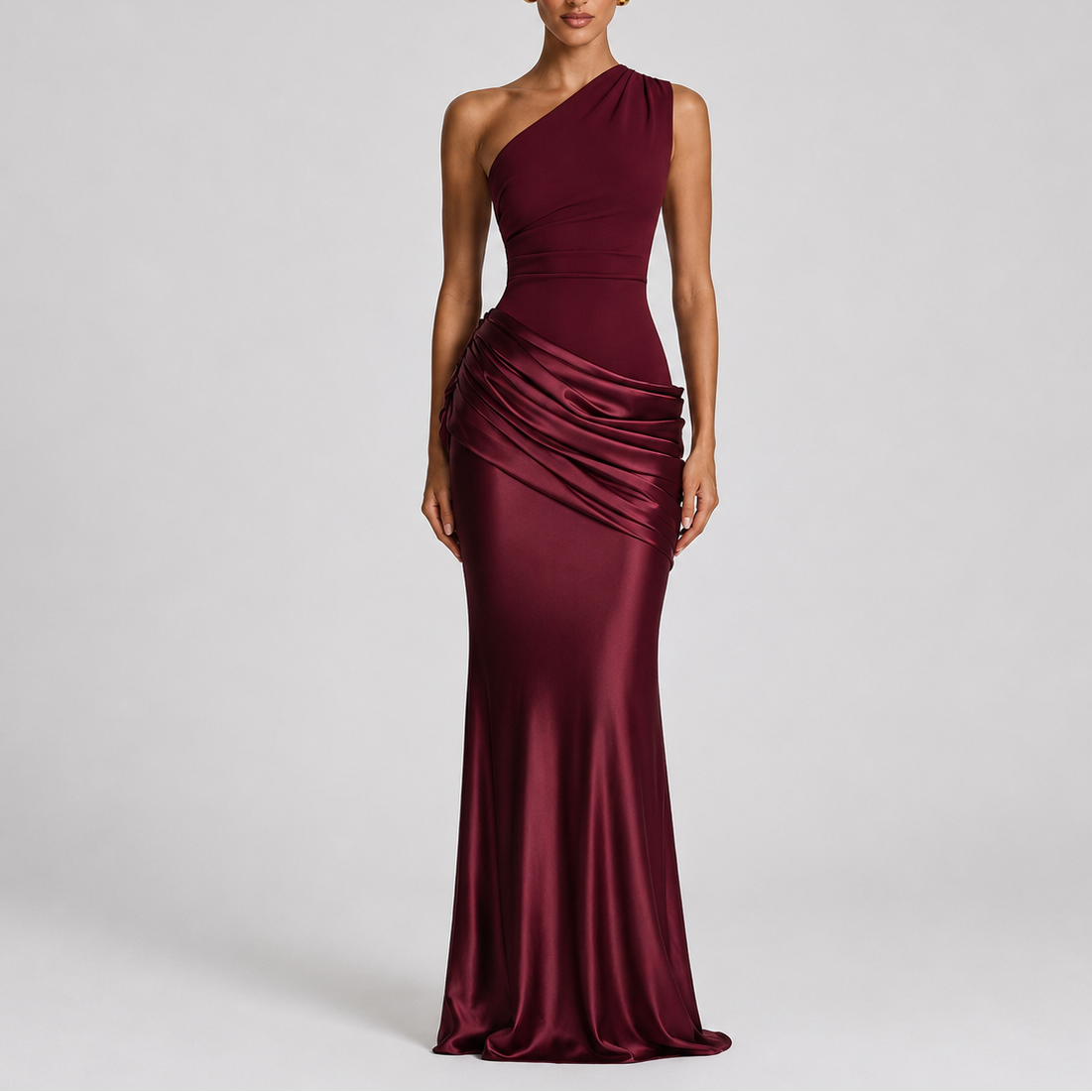 Women's One Shoulder Satin Maxi Dress with Draped Waist | Audrey