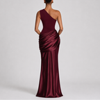 Women's One Shoulder Satin Maxi Dress with Draped Waist | Audrey