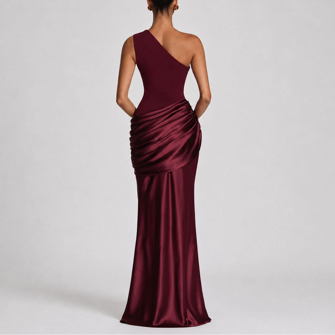 Women's One Shoulder Satin Maxi Dress with Draped Waist | Audrey