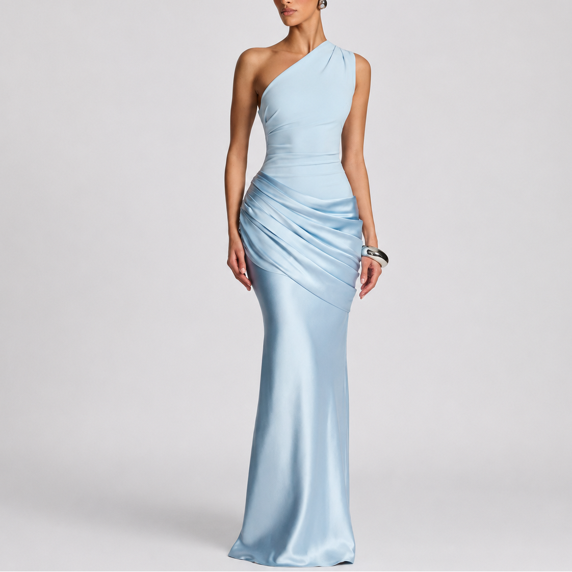 Women's One Shoulder Satin Maxi Dress with Draped Waist | Audrey