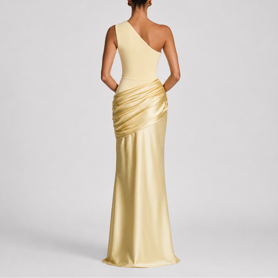 Women's One Shoulder Satin Maxi Dress with Draped Waist | Audrey