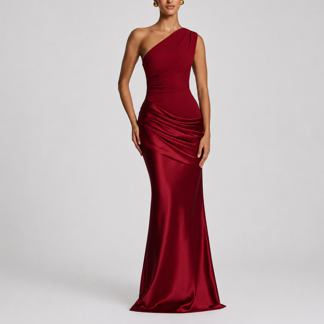Women's One Shoulder Satin Maxi Dress with Draped Waist | Audrey