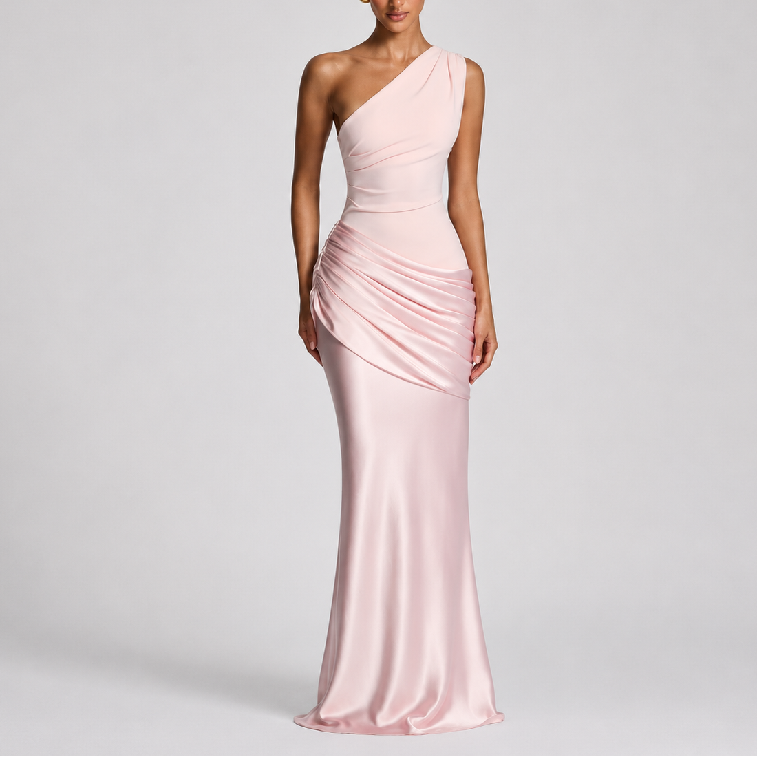 Women's One Shoulder Satin Maxi Dress with Draped Waist | Audrey