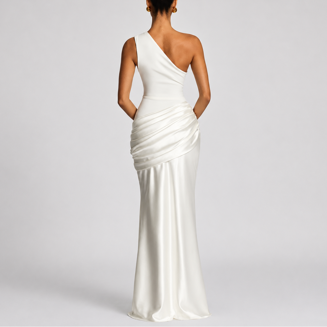 Women's One Shoulder Satin Maxi Dress with Draped Waist | Audrey
