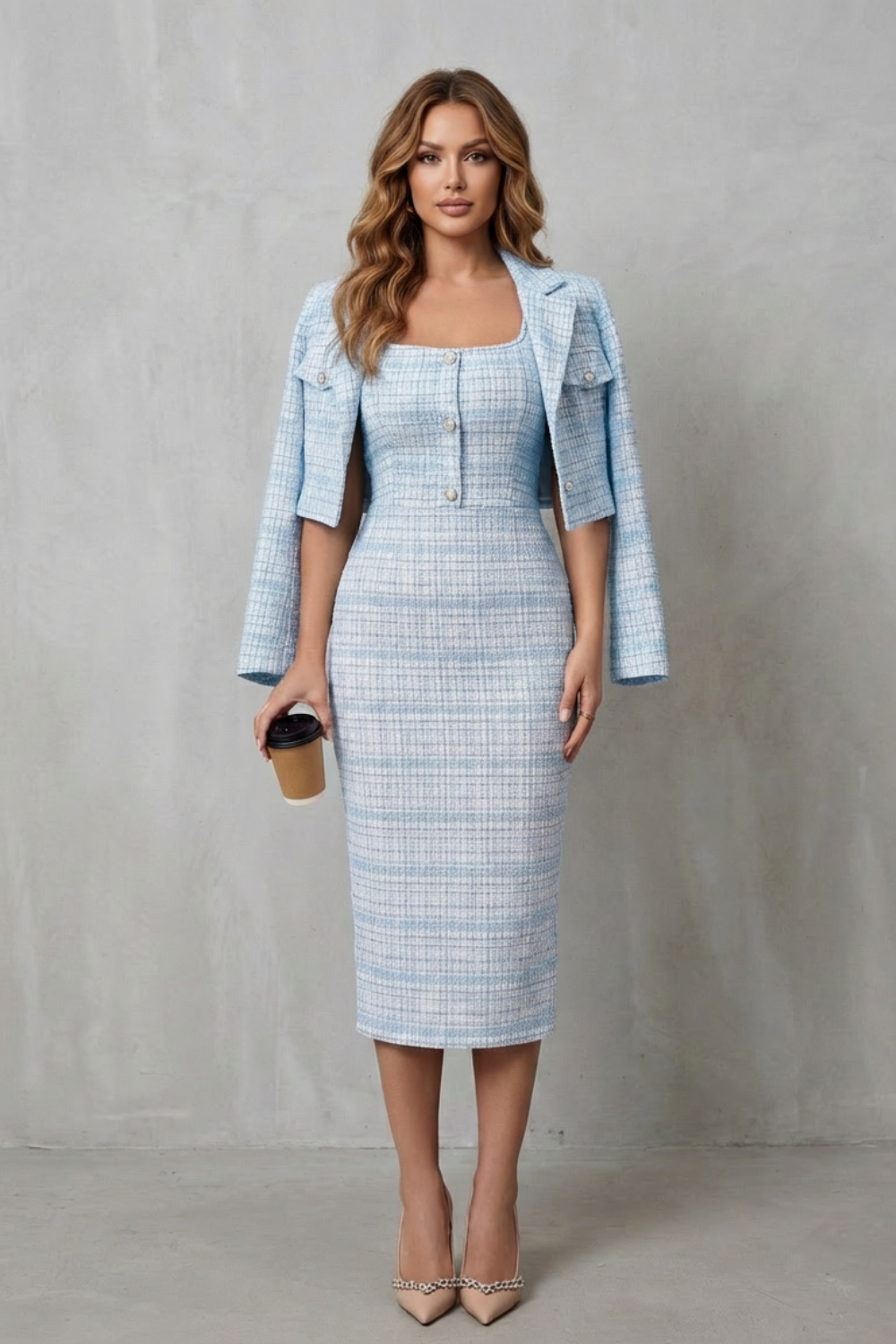 Women's Plaid Two-Piece Midi Dress & Cropped Blazer Set | Eleanor