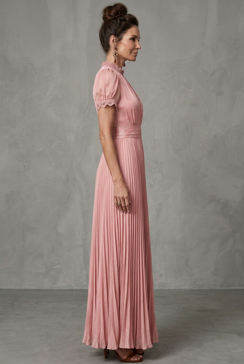 Women's Pleated Maxi Dress with Lace-Trim Keyhole Neckline | Juniper