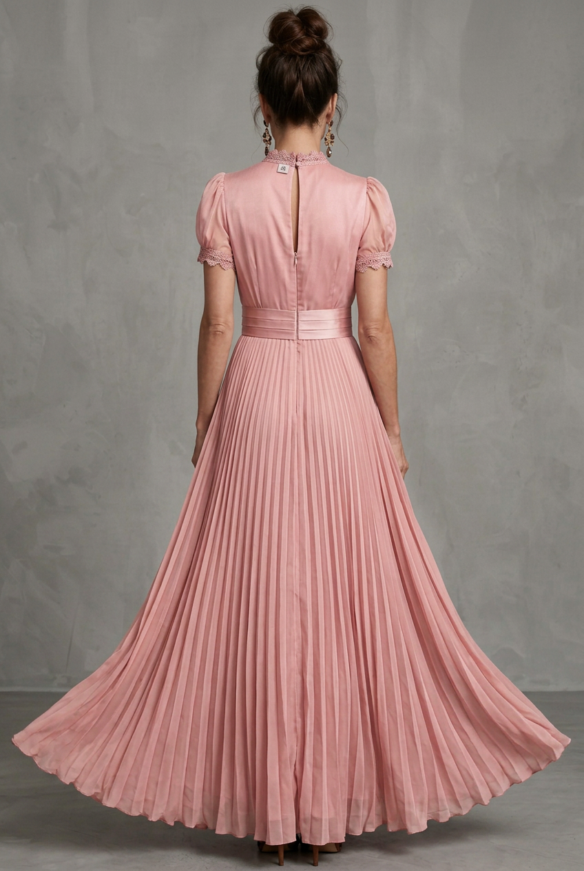 Women's Pleated Maxi Dress with Lace-Trim Keyhole Neckline | Juniper