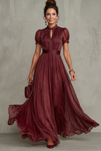 Women's Pleated Maxi Dress with Lace-Trim Keyhole Neckline | Juniper