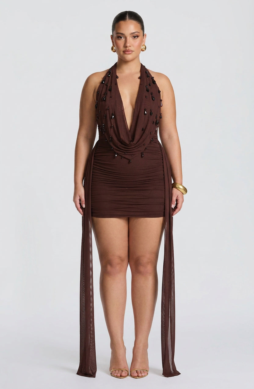 Women's Plunge Halter Mini Dress with Embellished Cowl | Juniper