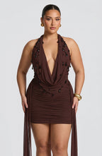 Women's Plunge Halter Mini Dress with Embellished Cowl | Juniper