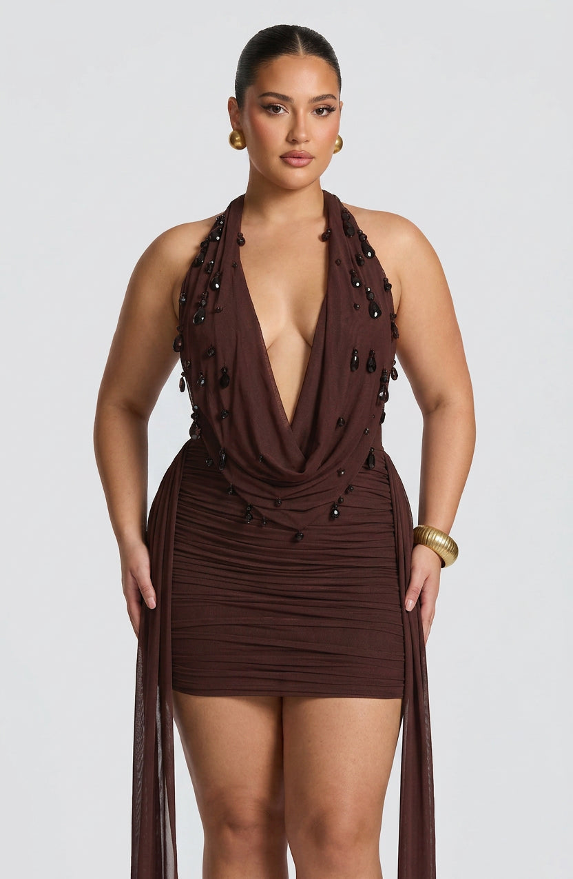Women's Plunge Halter Mini Dress with Embellished Cowl | Juniper