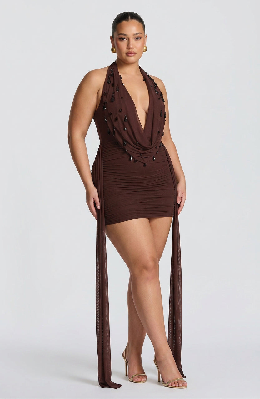Women's Plunge Halter Mini Dress with Embellished Cowl | Juniper