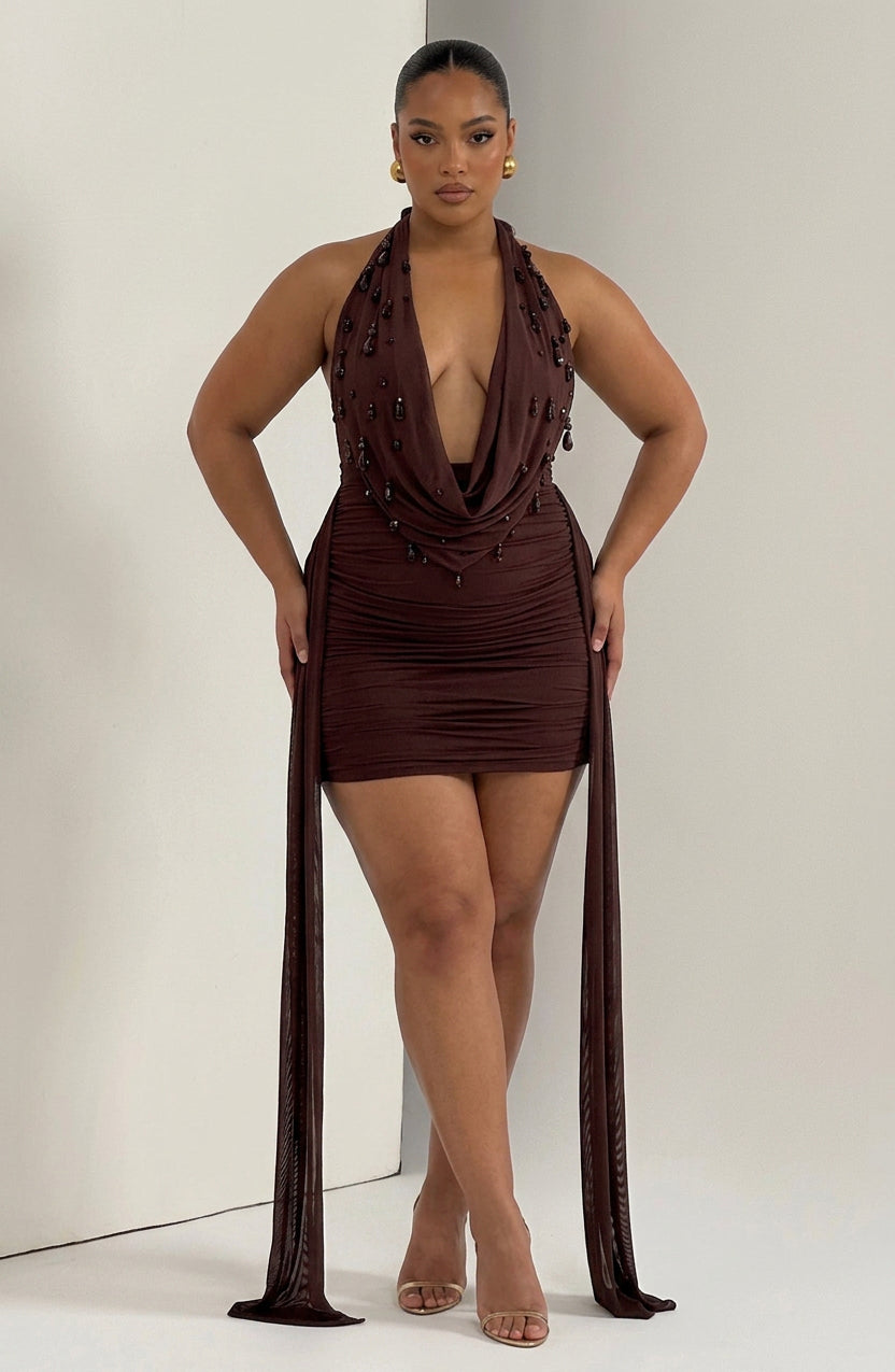 Women's Plunge Halter Mini Dress with Embellished Cowl | Juniper