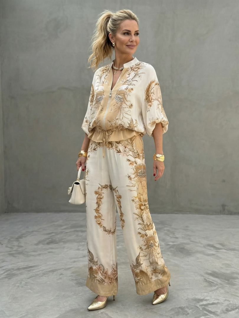 Women's Printed Two-Piece Set - Zip-Front Blouson Top & Trousers | Tilly