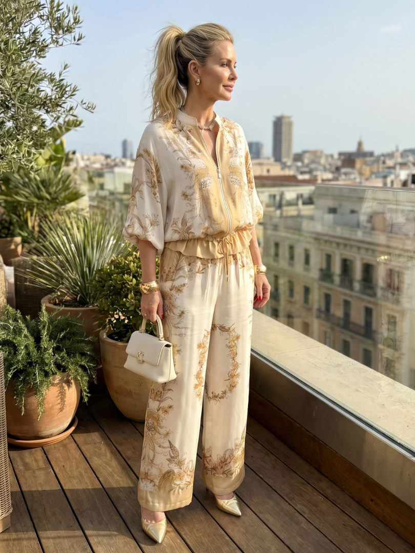 Women's Printed Two-Piece Set - Zip-Front Blouson Top & Trousers | Tilly