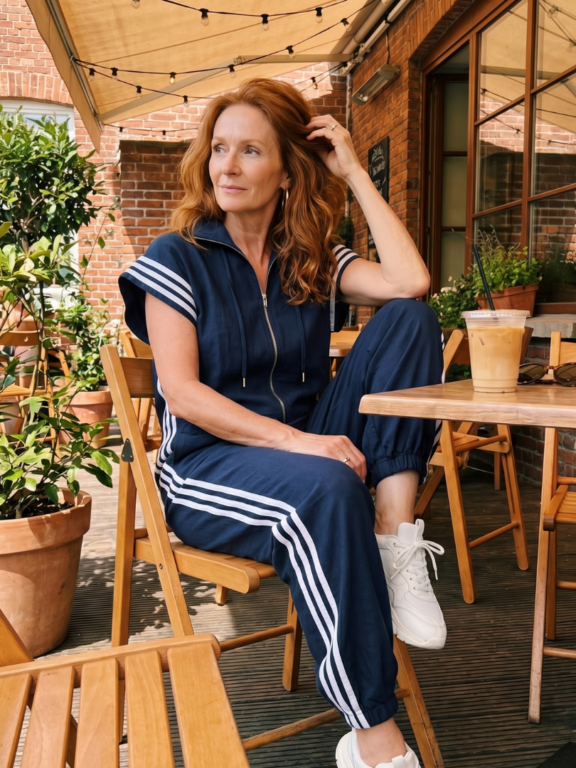 Women's Relaxed Zip-Front Jumpsuit with Side Stripe Panels | Layla