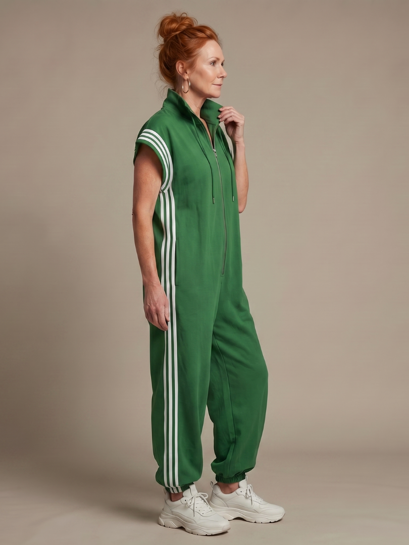 Women's Relaxed Zip-Front Jumpsuit with Side Stripe Panels | Layla