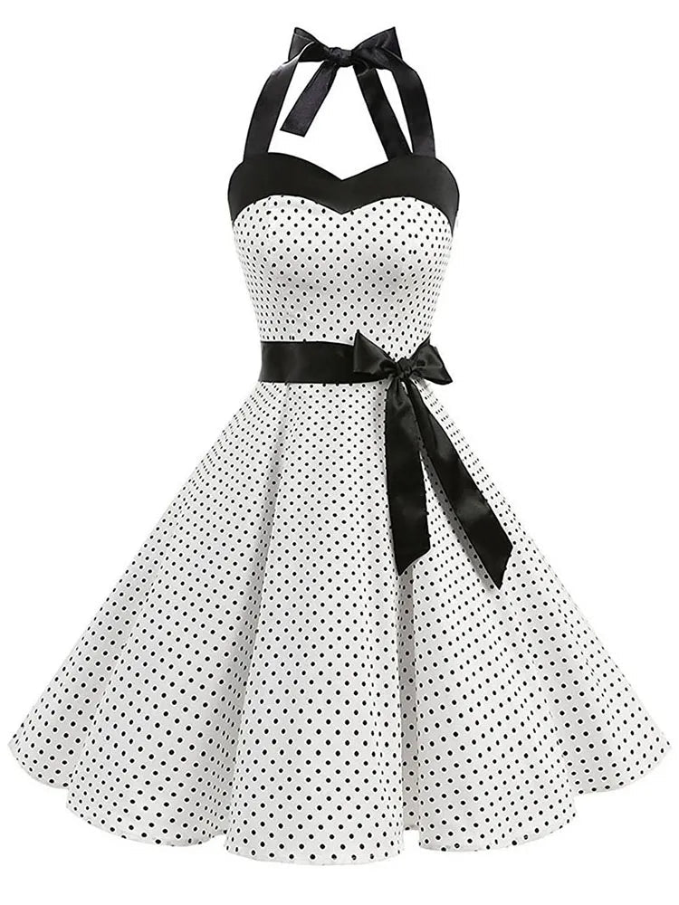Women's Retro Polka Dot Halter Swing Dress with Bow | Beatrice