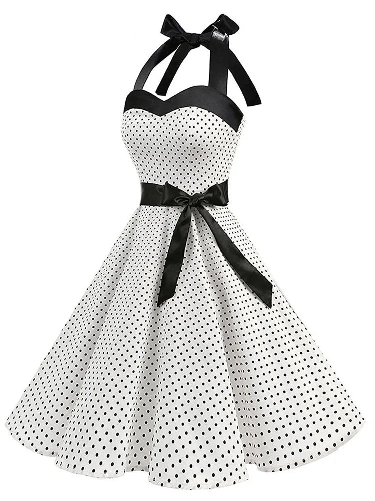 Women's Retro Polka Dot Halter Swing Dress with Bow | Beatrice