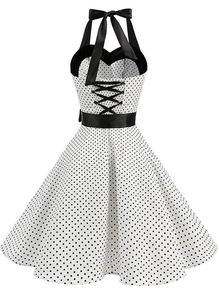 Women's Retro Polka Dot Halter Swing Dress with Bow | Beatrice