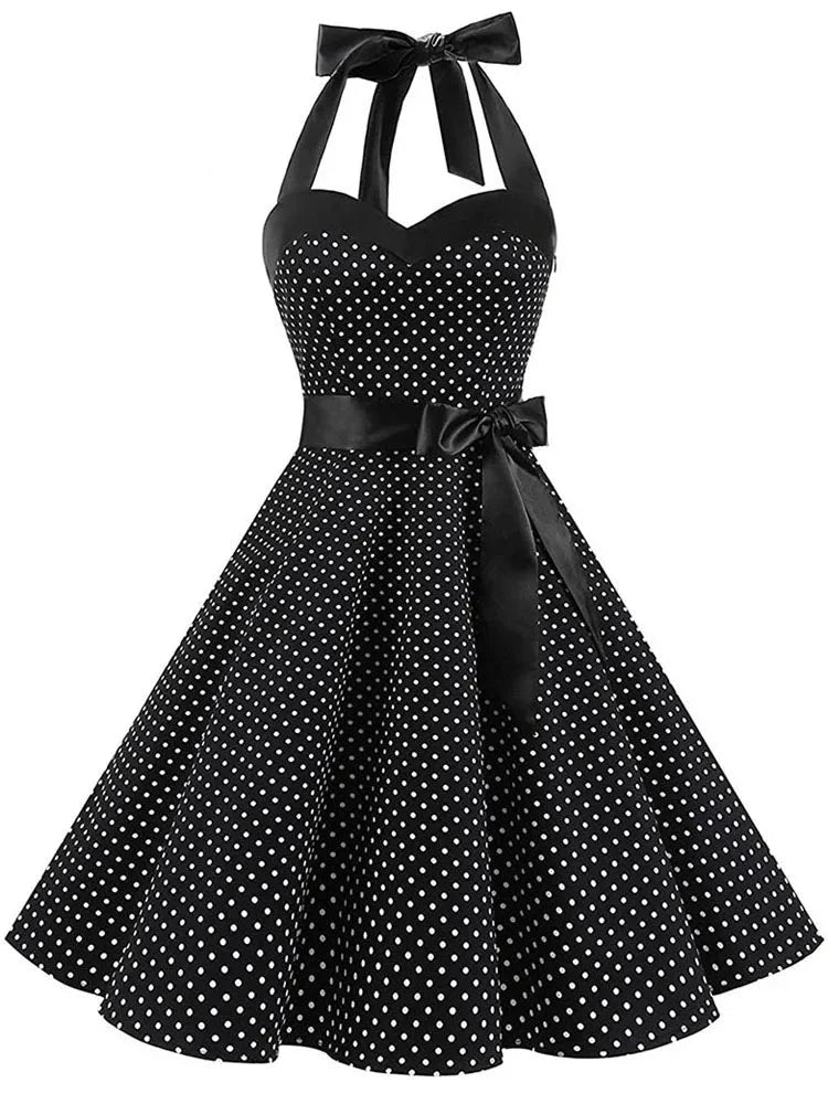 Women's Retro Polka Dot Halter Swing Dress with Bow | Beatrice