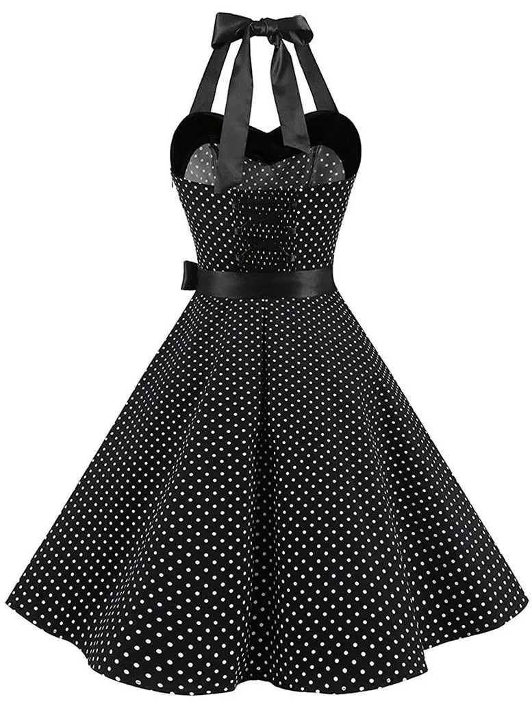 Women's Retro Polka Dot Halter Swing Dress with Bow | Beatrice
