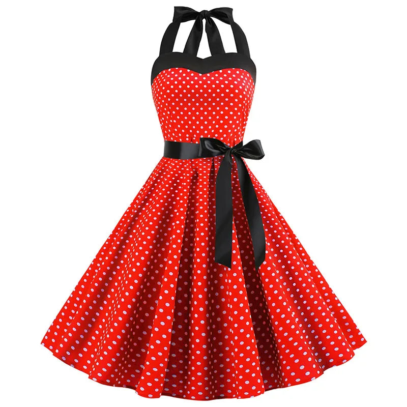Women's Retro Polka Dot Halter Swing Dress with Bow | Beatrice
