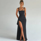 Women's Ruched Square Neck High Slit Maxi Dress | Faith