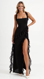 Women's Ruffle Maxi Dress with Front Slit & Square Neck | Juliet