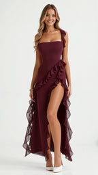 Women's Ruffle Maxi Dress with Front Slit & Square Neck | Juliet