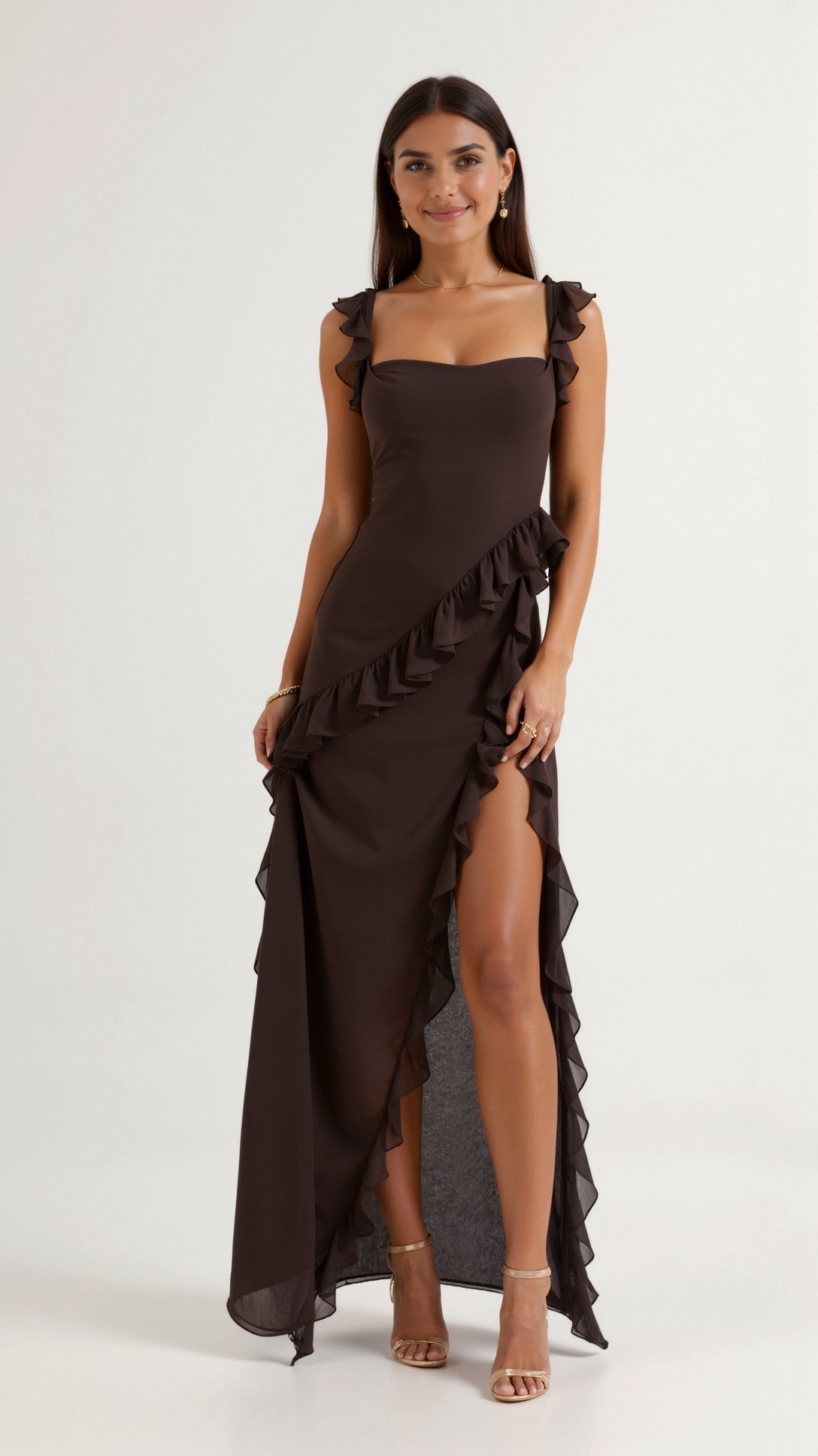 Women's Ruffle Maxi Dress with Front Slit & Square Neck | Juliet