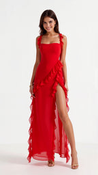 Women's Ruffle Maxi Dress with Front Slit & Square Neck | Juliet