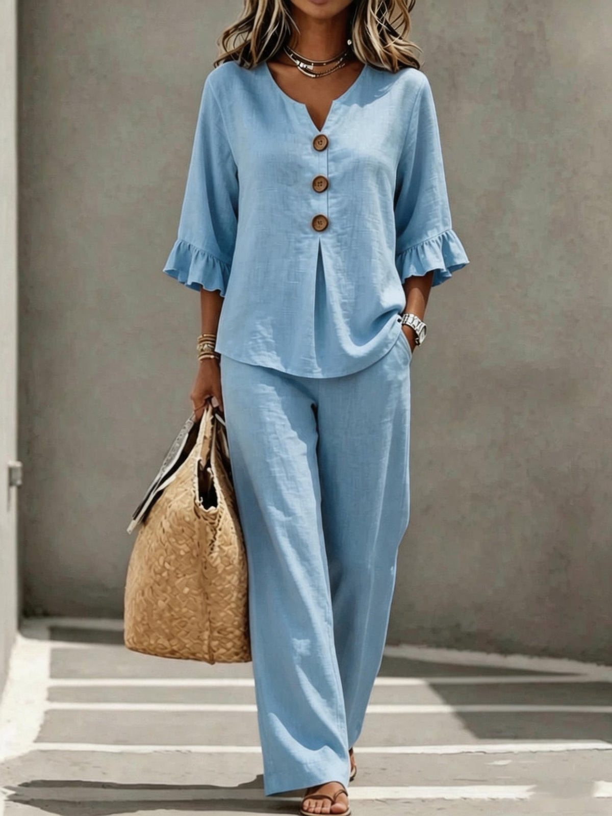 Women's Ruffle-Sleeve Linen Two-Piece Set with Wide-Leg Pants | Georgia