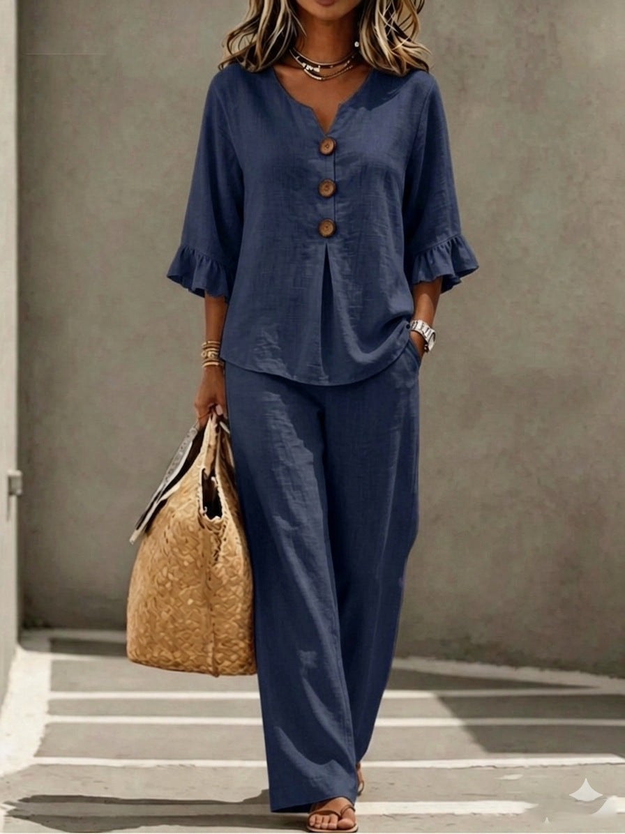 Women's Ruffle-Sleeve Linen Two-Piece Set with Wide-Leg Pants | Georgia