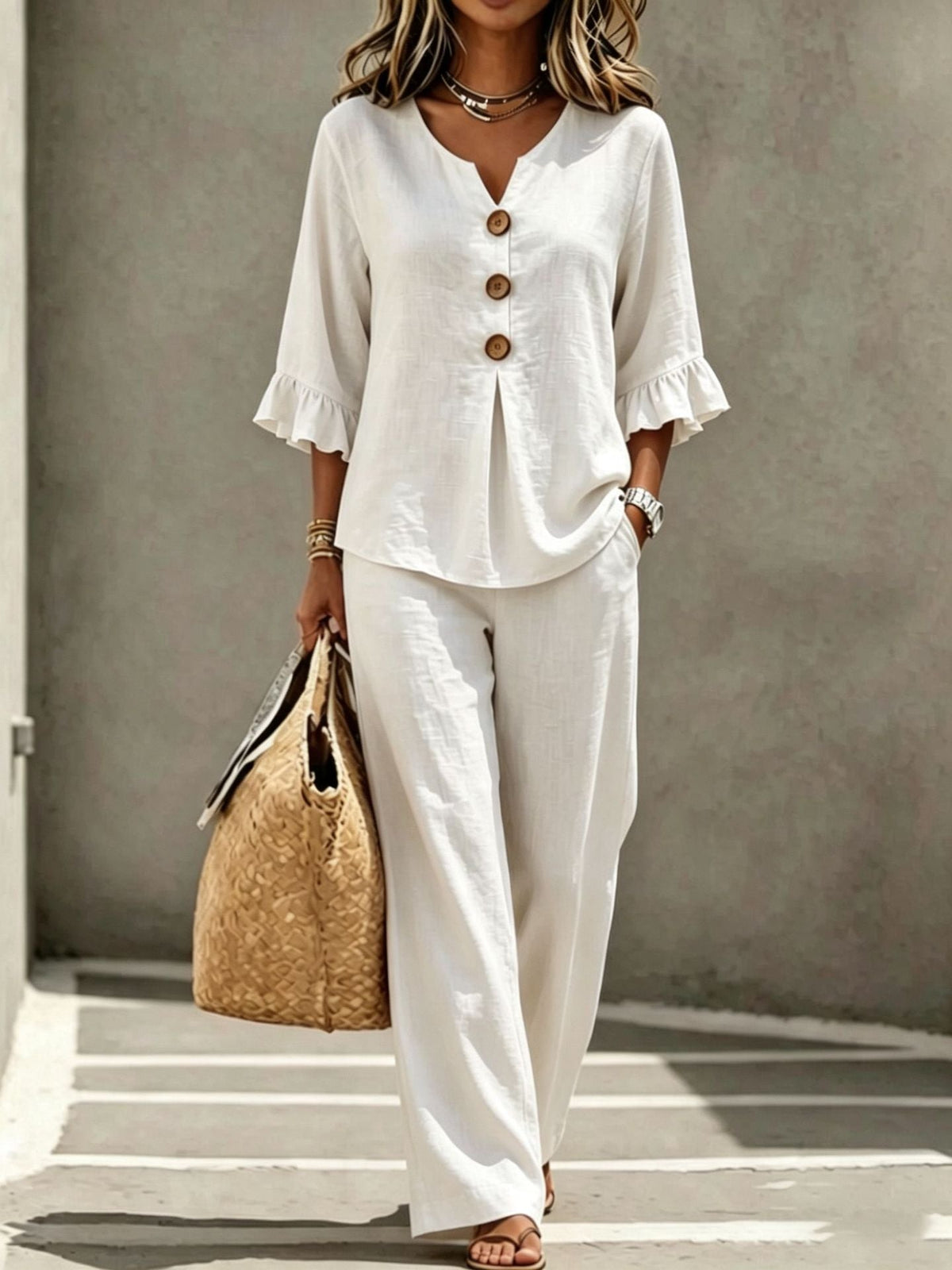 Women's Ruffle-Sleeve Linen Two-Piece Set with Wide-Leg Pants | Georgia
