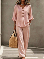 Women's Ruffle-Sleeve Linen Two-Piece Set with Wide-Leg Pants | Georgia