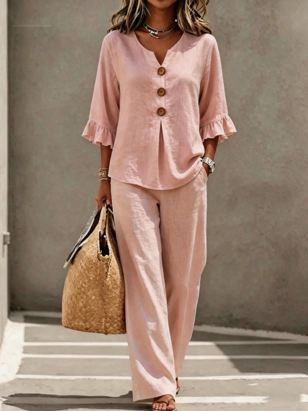 Women's Ruffle-Sleeve Linen Two-Piece Set with Wide-Leg Pants | Georgia