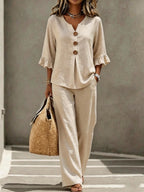 Women's Ruffle-Sleeve Linen Two-Piece Set with Wide-Leg Pants | Georgia